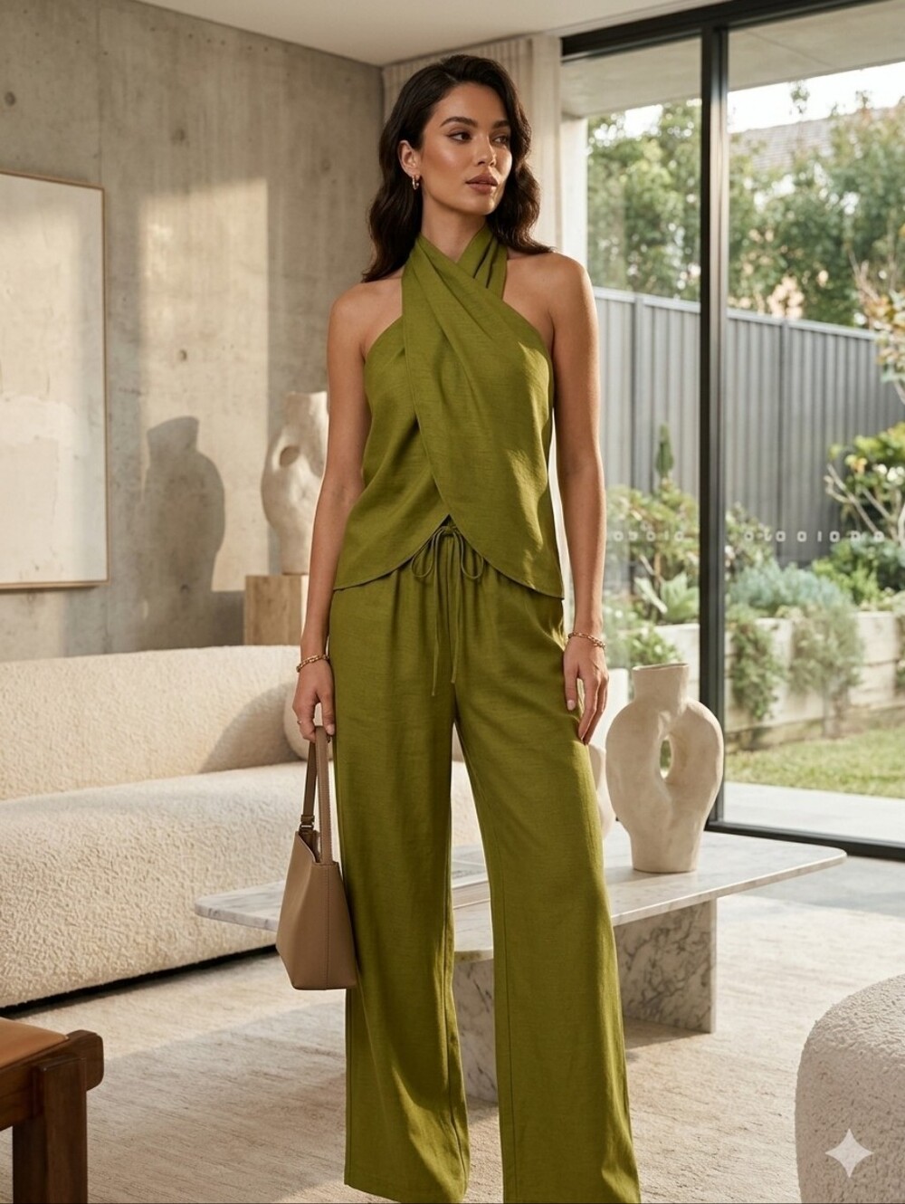 Green Halter Top & Wide-Leg Pants Set